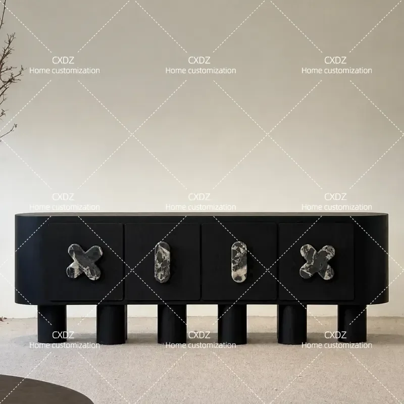 Medieval Style Black Solid Wood Dining Side Cabinet Retro Entrance Storage Locker for Home Model Room Furniture