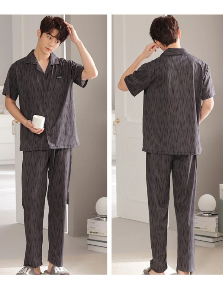 110KG Plus Size Men Imitation Cotton Pajamas Set 2 Piece Button Down Sleepwear Long Pants Loungewear with Pockets Home Clothes