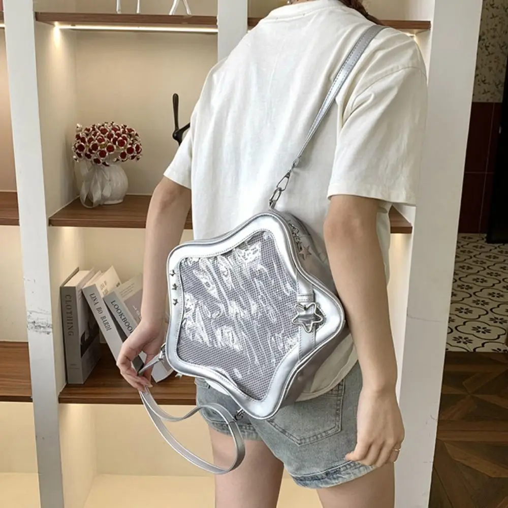 

Multifunction Zipper Bag Star Ita Bag PU Silver Transparent Pocket Korean Style Dual Purpose Fashion Backpacks Travel