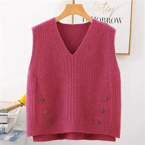 

Red 2022 Spring Autumn Women's V-neck Girls' Sweater Vest Loose Knit Outer Wear Leisure Student Coat Top Cloth for Women Girl