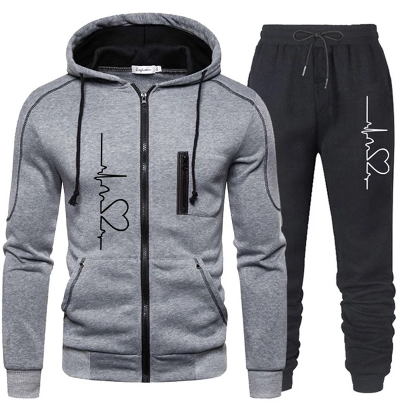 Mens Tracksuit Heart Print Casual Sweatshirt+Jogging Pants 2 Piece Set Zipper Hoodies Coat Autumn Winter Popular Street Clothing