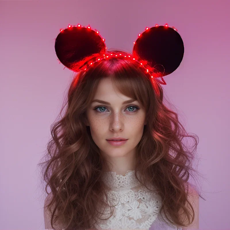 

New Flashing Light Up Mickey Headband Red Pink Glowing Mouse Ear Hairband For Boy Girl Gifts Luminous Hair Band Head Accessories