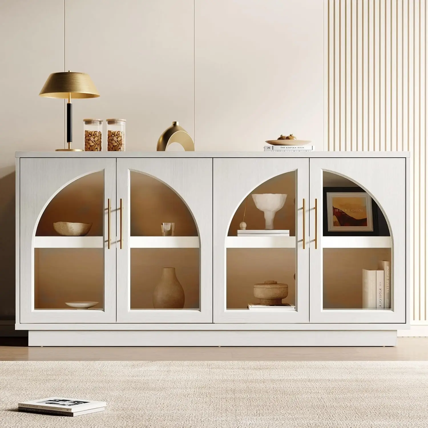 

59" Buffet Sideboard Glass Doors Adjustable Shelves Large Storage Dining Living Entryway White, Customized
