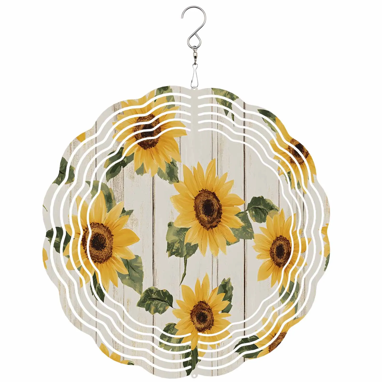 

Vintage Summer Wood Sunflower Stainless Steel Hanging Decorations For Home 3D Rotating Wind Spinner