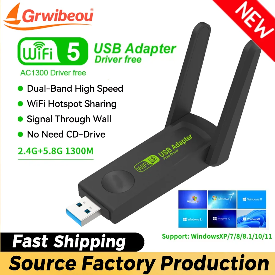 

Grwiibeou Wireless USB WiFi Adapter 1300Mbps Wifi Dongle USB Network Card Dual Band 2.4G/5G Receiver for PC Desktop Laptop