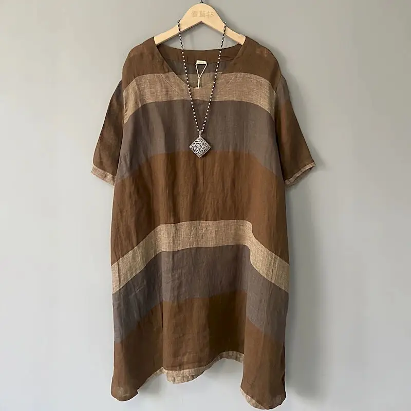 

Short Sleeve T-shirts for Women Summer Trend Thin Tshirt Skirt Fashion Stripe Casual Loose Mid-length Tops Retro Style Tee Dress