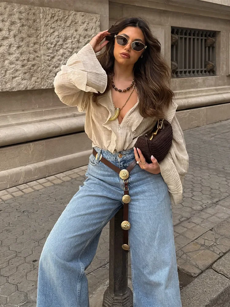 Plissado borboleta manga alargamento camisas femininas elegante chiffon profundo decote em v blusa em cascata feminina primavera moda senhora outwears