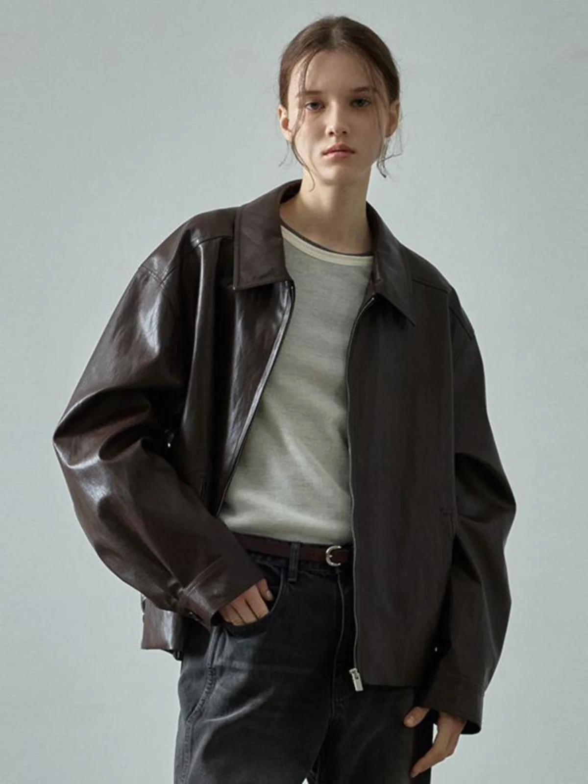 معطف Jaet نسائي فضفاض من الجلد لراكبي الدراجات النارية، كاجوال بطية صدر وسحاب طويل، ملابس خارجية من الجلد الصناعي