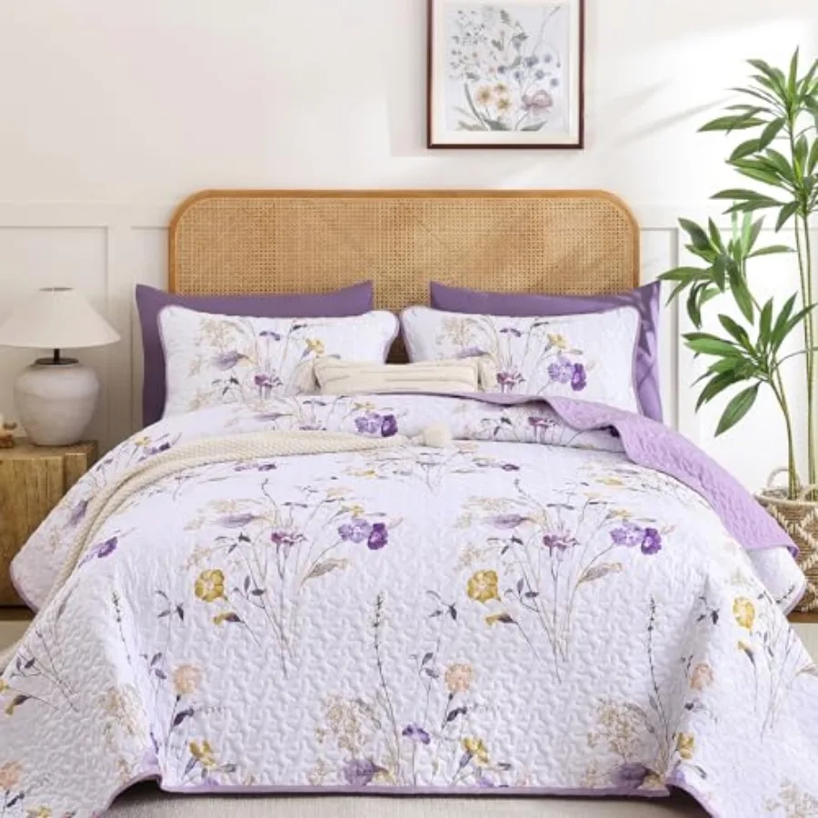 

Floral Quilt Set Size Botanical Flowers Printed Bedspread Bedding Set Soft Reversible Lightweight Coverlet with 2 Pillow Shams