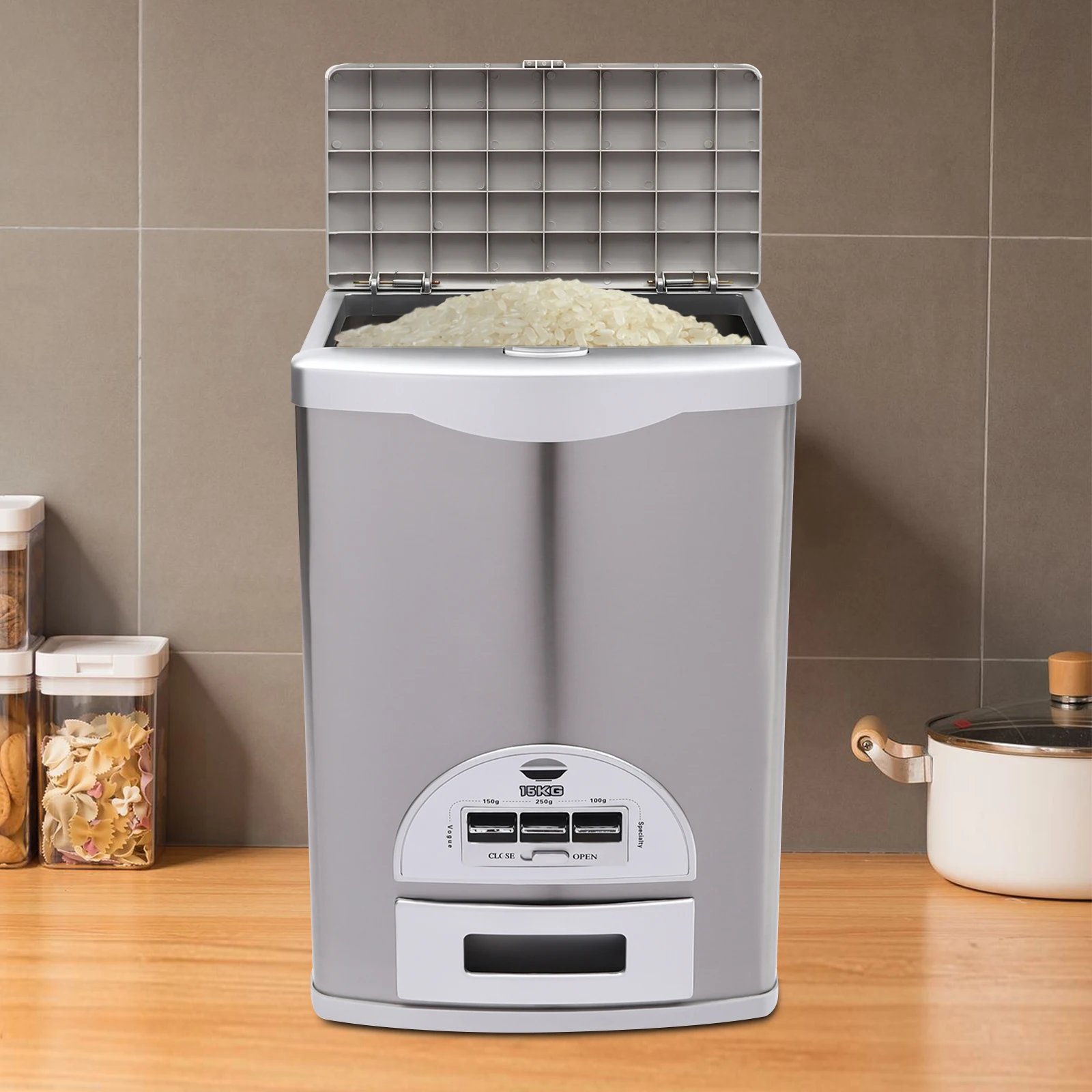 

33lbs/15kg Silver Rice Dispenser, Stainless Steel ABS Sealed Grain Container, 3-Button Rice Storage Container For Kitchen Home