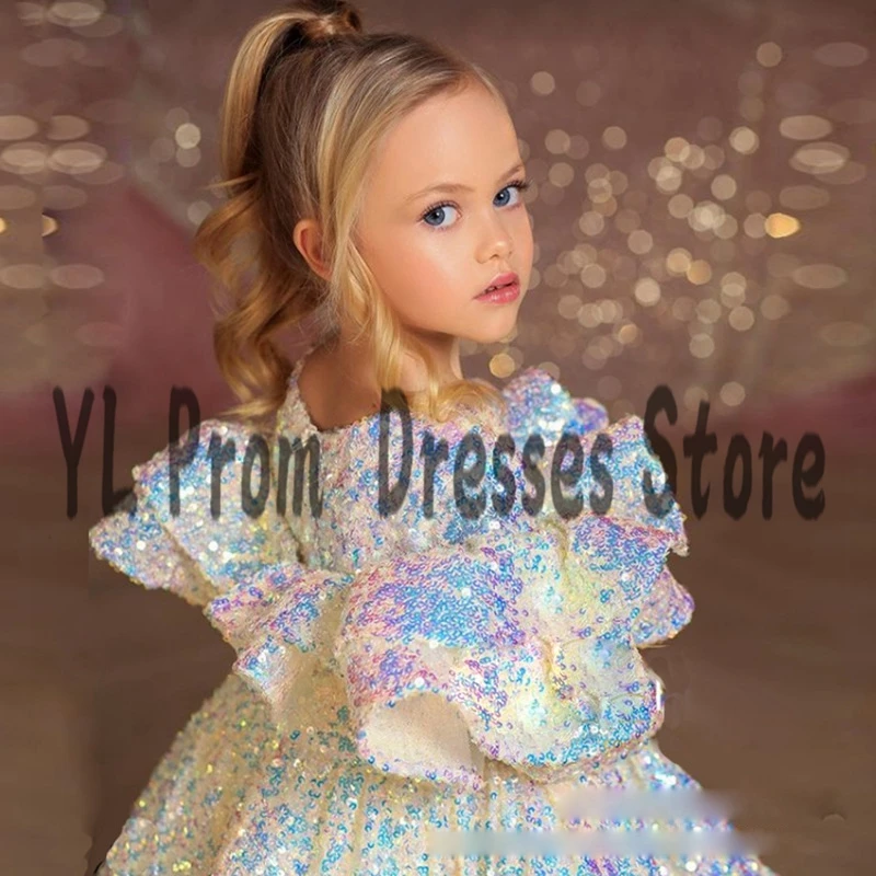 YL Bling-vestido de princesa de flores para niña, minivestido largo de cumpleaños para bebé, vestido de noche de tul plisado fruncido con purpurina