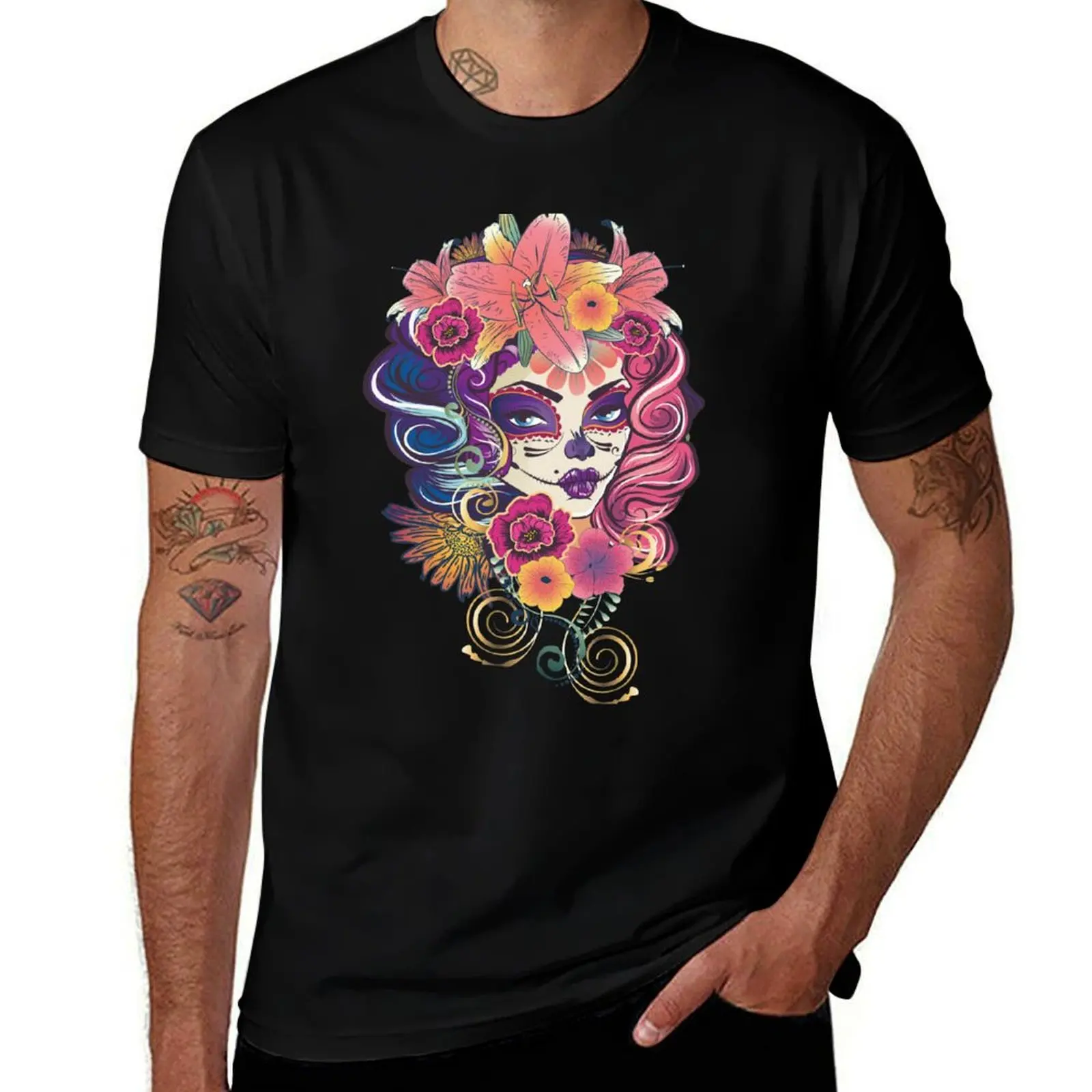 

Calavera girl with flowers T-Shirt customizeds tops sports fans mens vintage t shirts