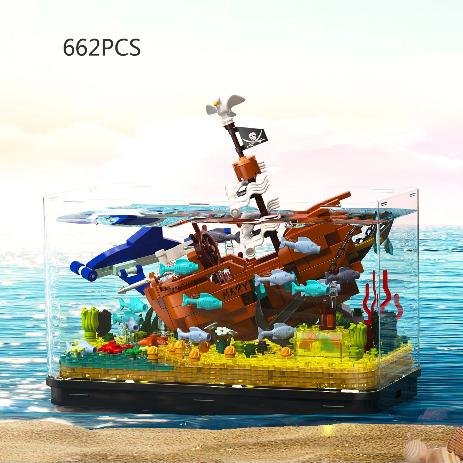 Home Furnishing Fish Tank Build Brick Wreck Caribbean Silent Mary Pirate Ship Mini Block Diver Figures Assemble Toy With Light