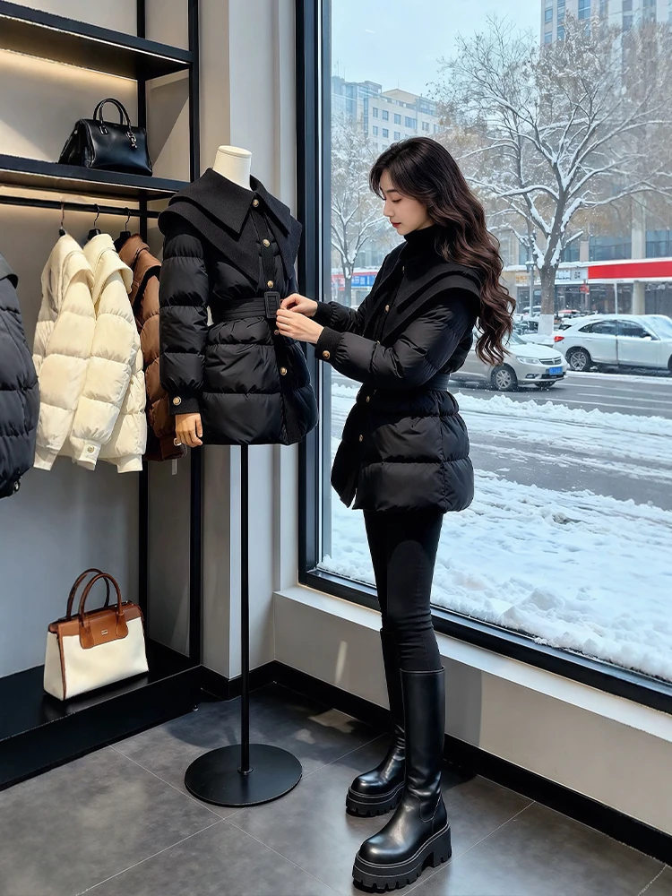 

Winter Women's Quilted Cotton Jaet Waist-Cinching down Parka Medium-Length Commute Sle Korean Loose Fit Polyester Fabric