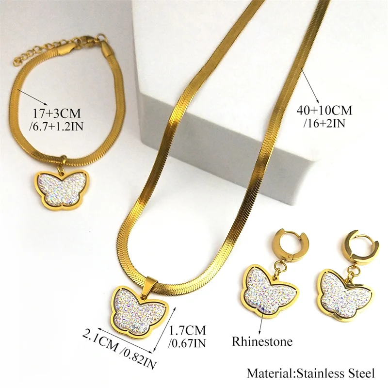 Conjunto de joyería para mujer, collar de mariposa de cristal a la moda, pendientes de aro de acero inoxidable, collares, pulsera, regalo de aniversario de fiesta