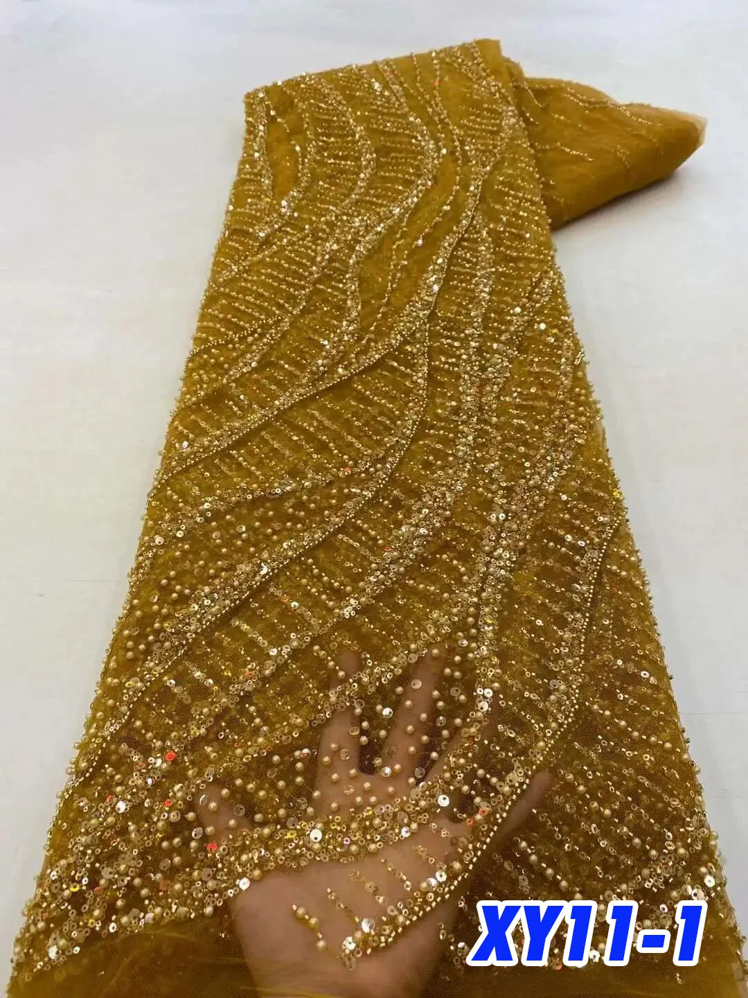 

Heavy Beaded Tube Embroidery Lace Fabric Sew High Quality French Wedding Dress Luxury Material Sequins Tulle African Lace 5yards
