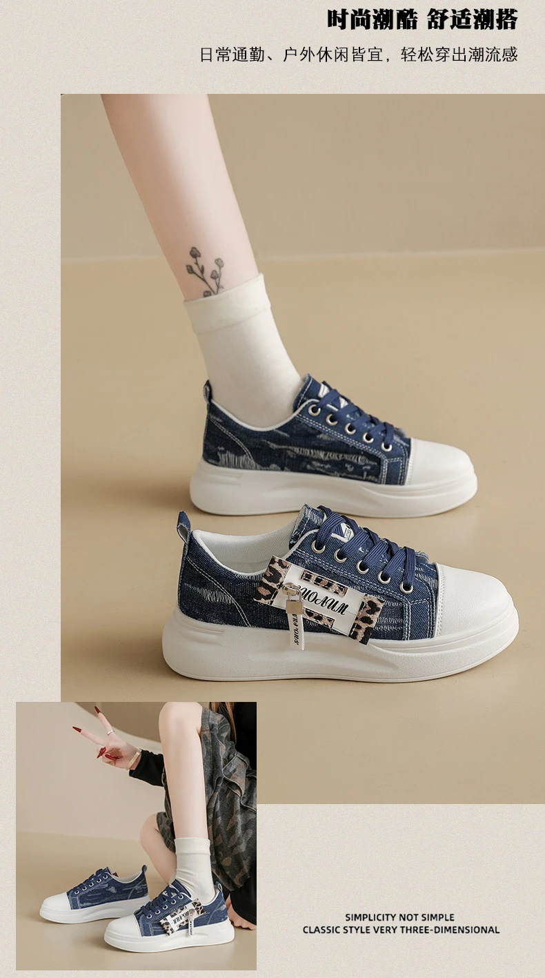 Neue Hip-Hop-Style Denim-Canvas-Schuhe Größe 43 Damen-Plimsolls mit Leoparden-Detail Niedrige Sneakers Damen Mode Freizeittrainer Turnschuhe – Detail 13
