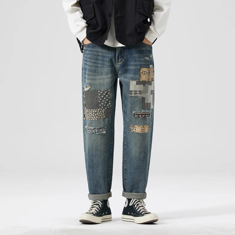 

BGC9797 Tide с одинаковыми американскими тяжелыми джинсами, нашивками с рваными дырками, сделанными старыми свободными зауженными брюками в стиле хип-хоп.