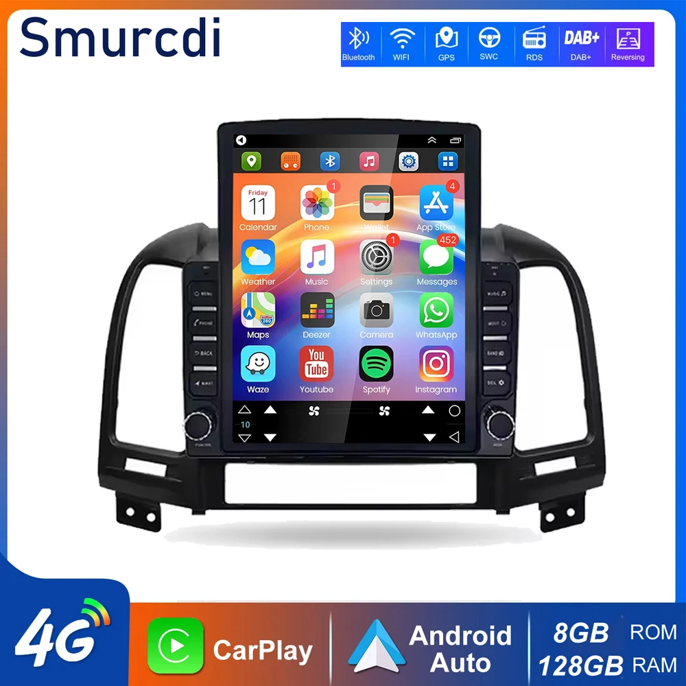 9,7-дюймовый Android 15 Carplay Auto для Hyundai Santa Fe 2 2006-2012 автомобильный радиоприемник мультимедийный видеоплеер с вертикальным экраном головное устройство