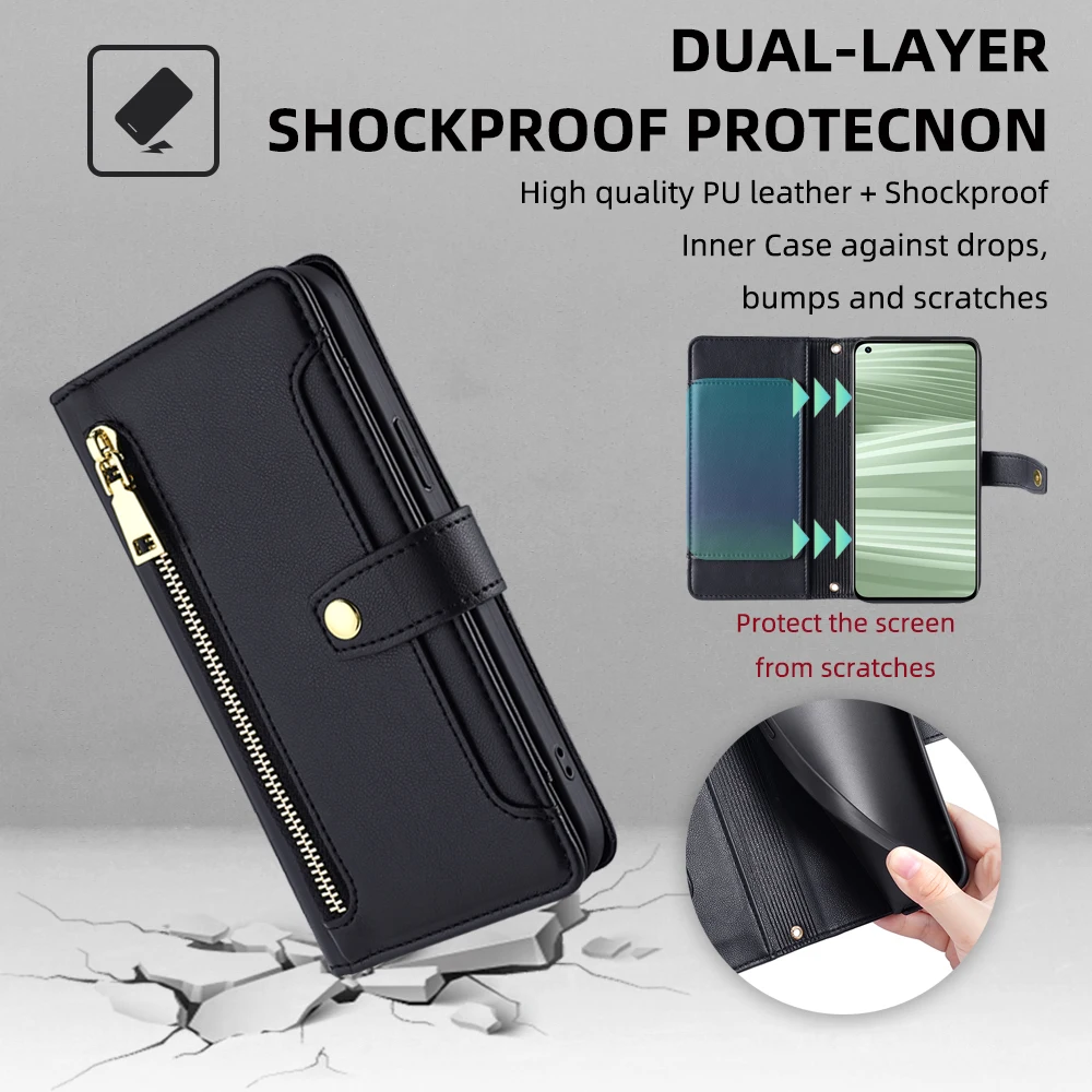 Etui na telefon Crossbody Realme GT5 GT3 GT2 GT Neo 5 3 2 2T SE A1 Pro A95 A94 A93 portfel na zamek długie i krótka w paski