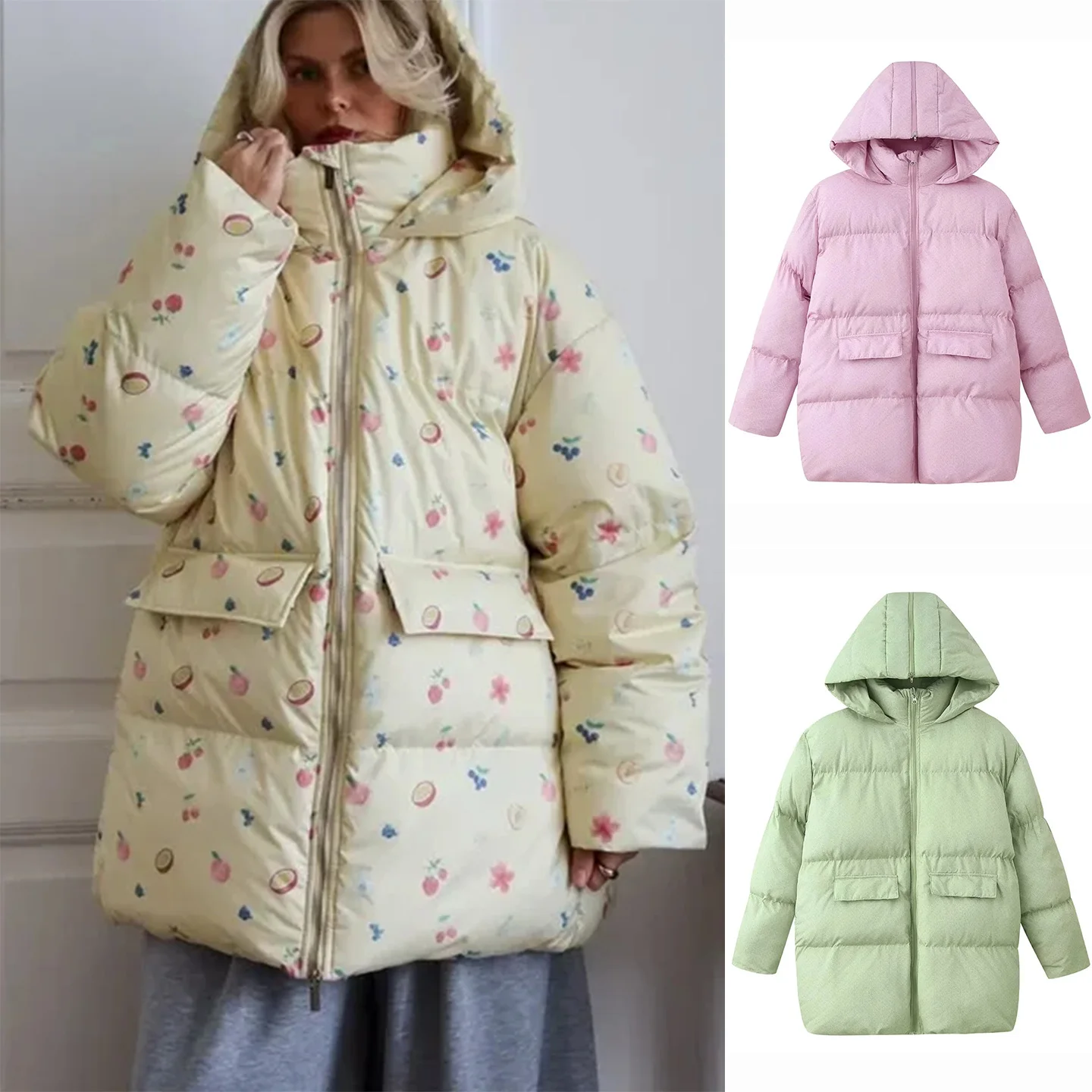 

Winter New Women's Commuter Sle Zipper Long Sve Stand Collar Hooded Printed Warm Loose Cotton Jaet Coat