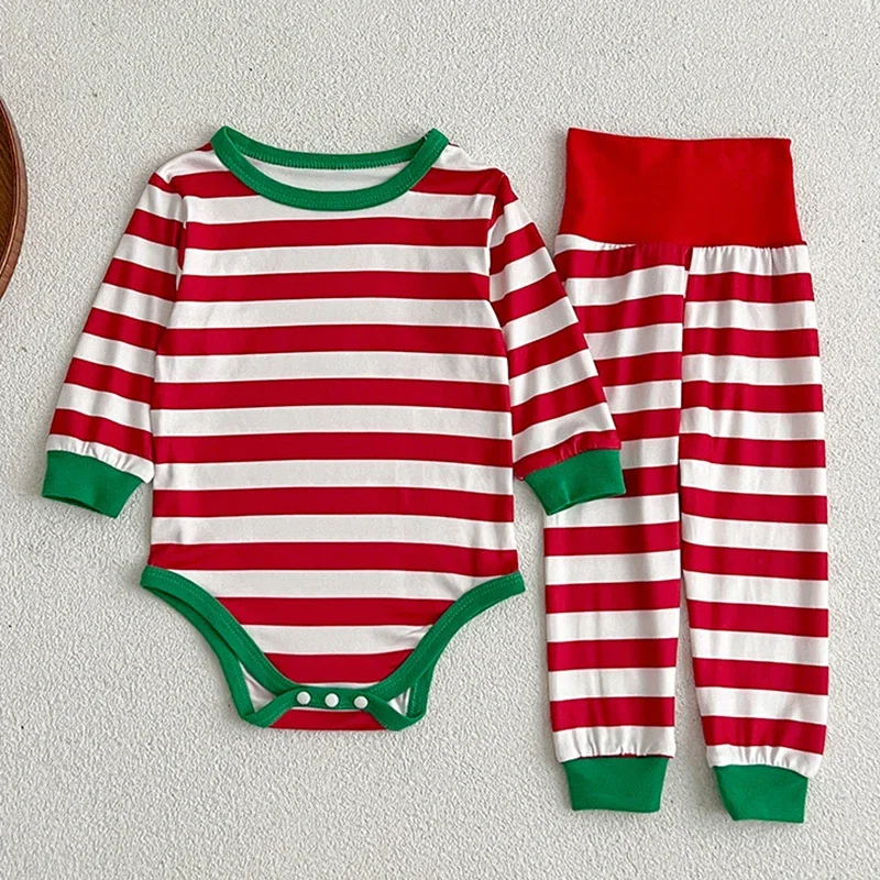 2024 Christmas Set Childrens Clothing Baby Set Red Green Stripes Winter New Baby Jumpsuit +Pants 2PCS Cute Childrens Clothing