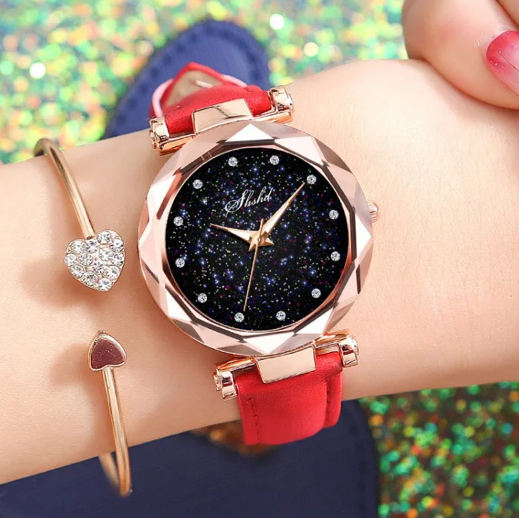 Hot selling fashion star sparkly sanded leather watches Girl ladies quartz watches