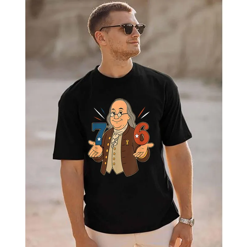 7-6 1776 مضحك بنيامين بن فرانكلين ميمي ستة سبعة 6-7 تي شيرت الرجال الموضة فرحان الثقافة التاريخية Y2k الفن تيز #3