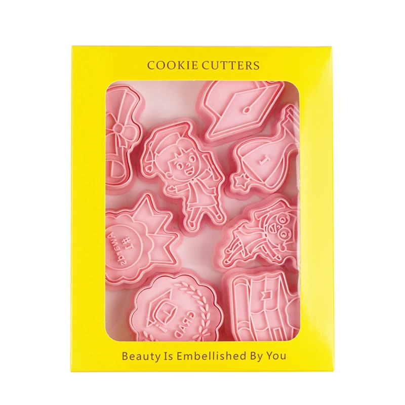 

8 шт./компл., форма для выпечки выпускного печенья, 3D пресс, пластиковая форма для печенья, инструмент для выпечки помадки, инструменты для украшения печенья