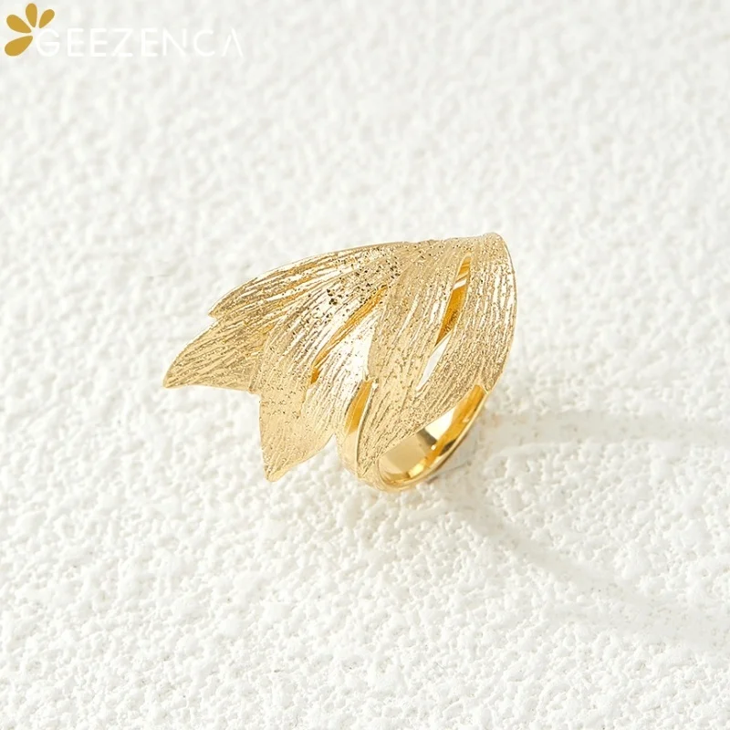 GEEZENCA Italian Luxury 925 Silver Big Artisitc Leaf Shape Open Cocktail Ring For Women Trendy Chunky Statement Rings Love Gift
