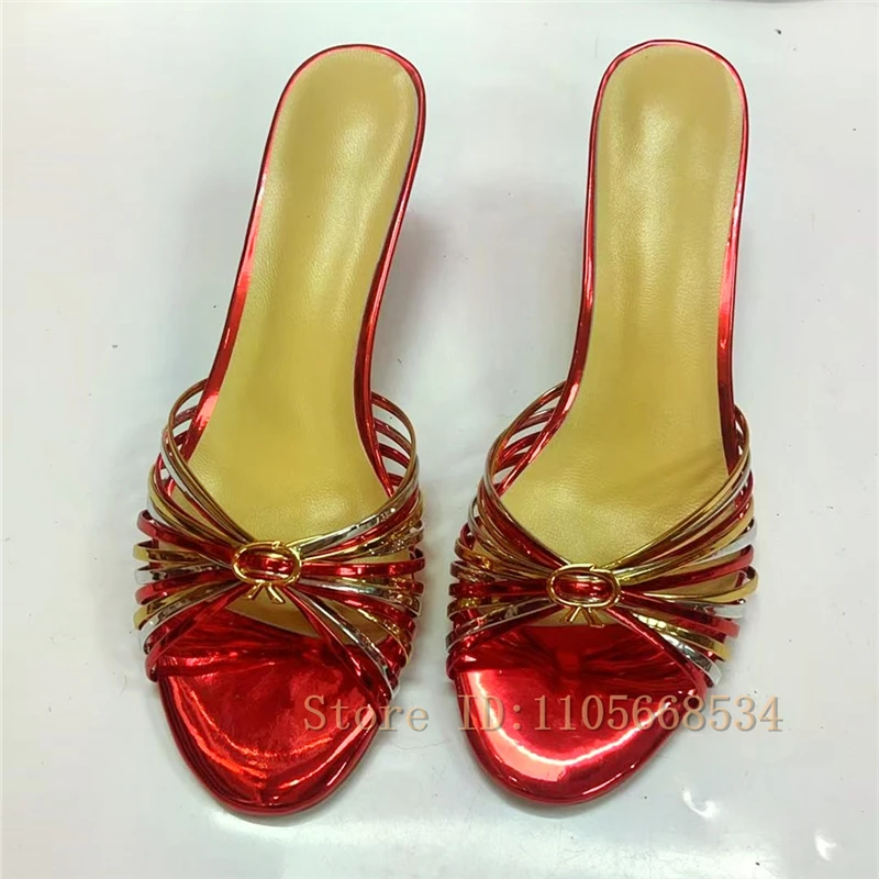 Shiny Metallic Crisscross Thin Strap Stiletto Mules Women Peep Toe Backless High Heel Slippers Summer Fashion Party Daily Shoes