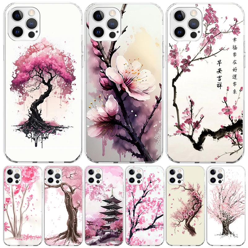 Cherry Blossom Tree Phone Case For Apple Iphone 11 12 13 Mini 14 15 16 Pro Max 7 Plus X XS XR SE Art Customized Coque Capa