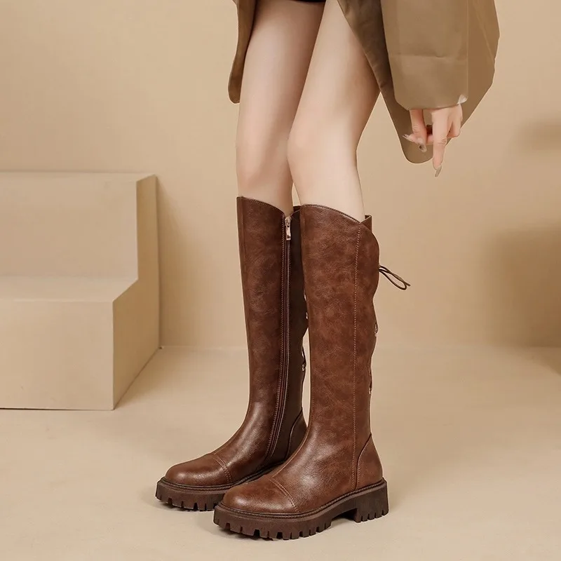 Botas Mujer Platform High Boots for Women Autumn Winter 2023 Plush Long Boot Soft Leather Knight Boot Brown Knee Boot Women Shoe