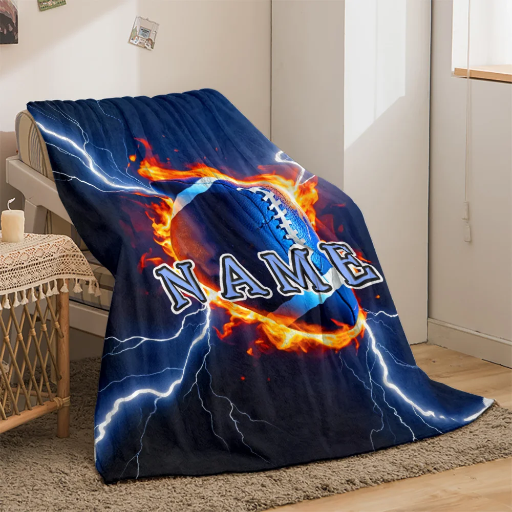 Custom name blue lightning rugby fleece blanket, suitable for sofa, bed, birthday, children, boys, friends, gifts