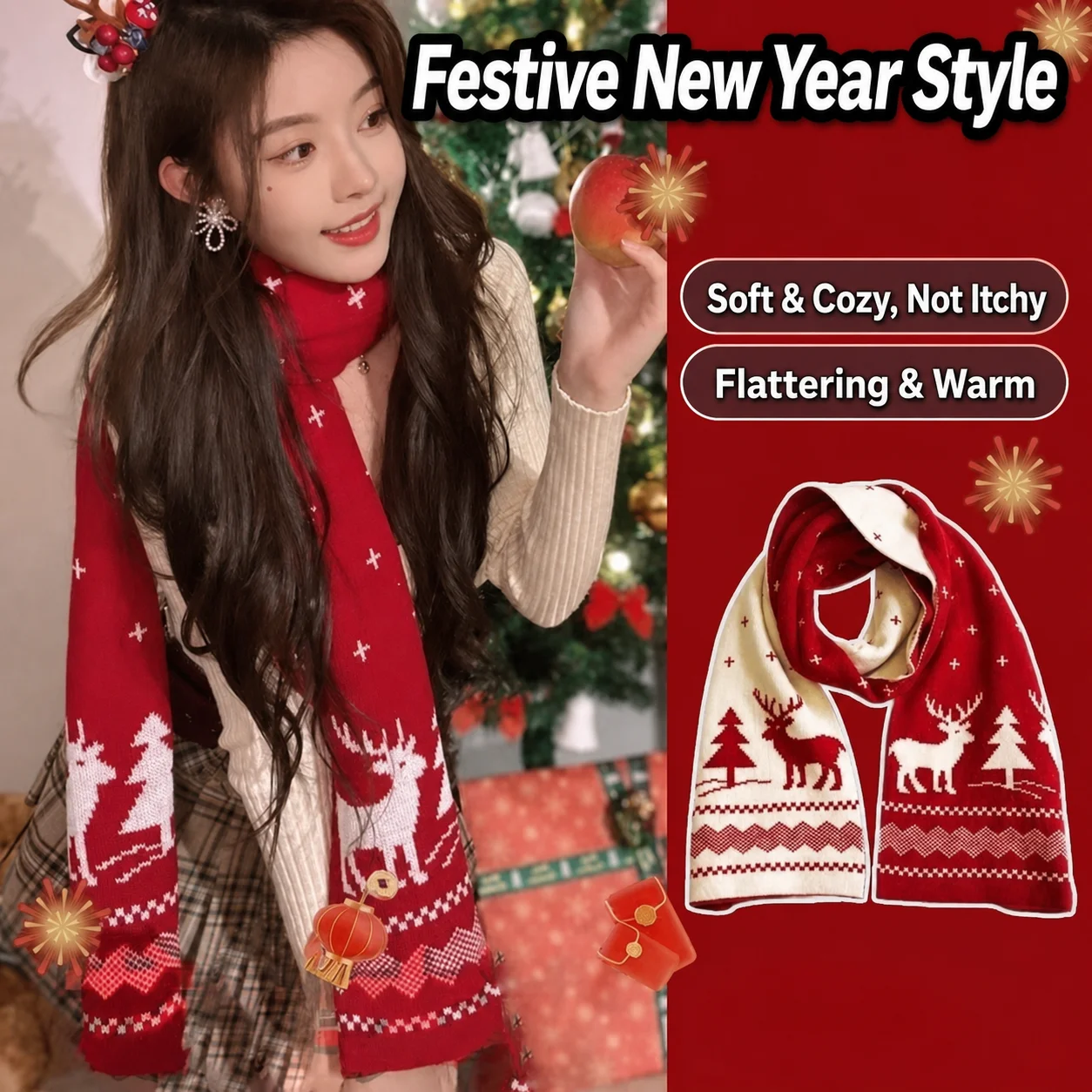 Medium Long Scarf Windproof Reindeer Tree Scarf Christmas Scarf Medium-Long For Christmas Gatherings Daily Commuting Men