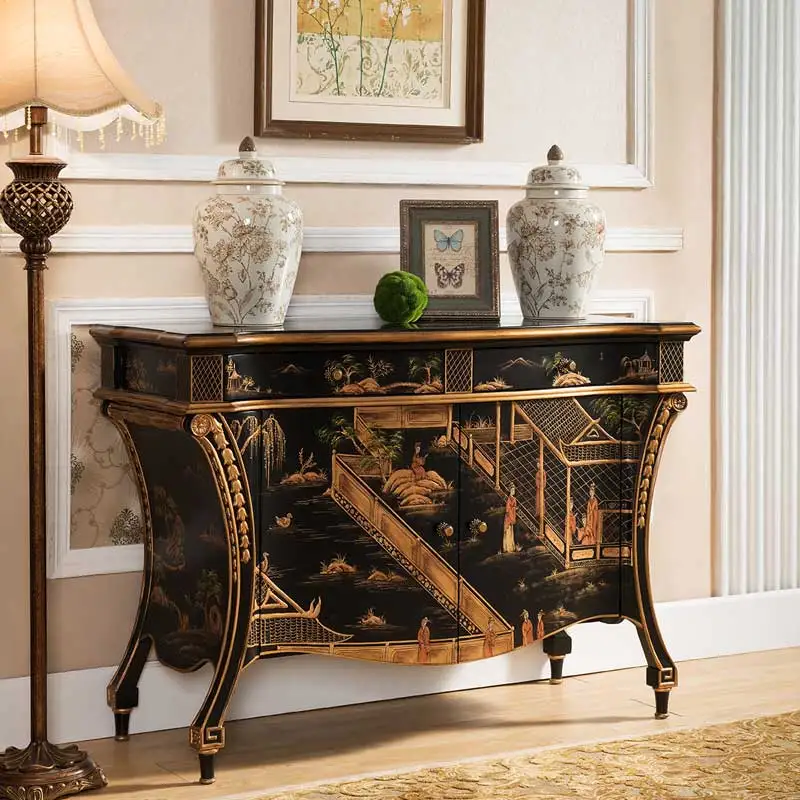 

!@Custom-Made Chinese Classical Art Entrance Cabinet Hand-Painted Gold Vintage Landscape Display Wood Home Furniture for Entrywa