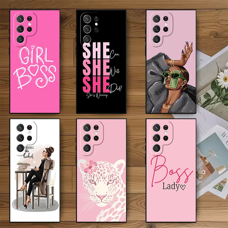 Girl Boss Lady Pink Soft Phone Case for Samsung Galaxy S26 S25 Edge S24 Ultra S23 Plus S22 S21 FE S20 Black Cover Back Shell