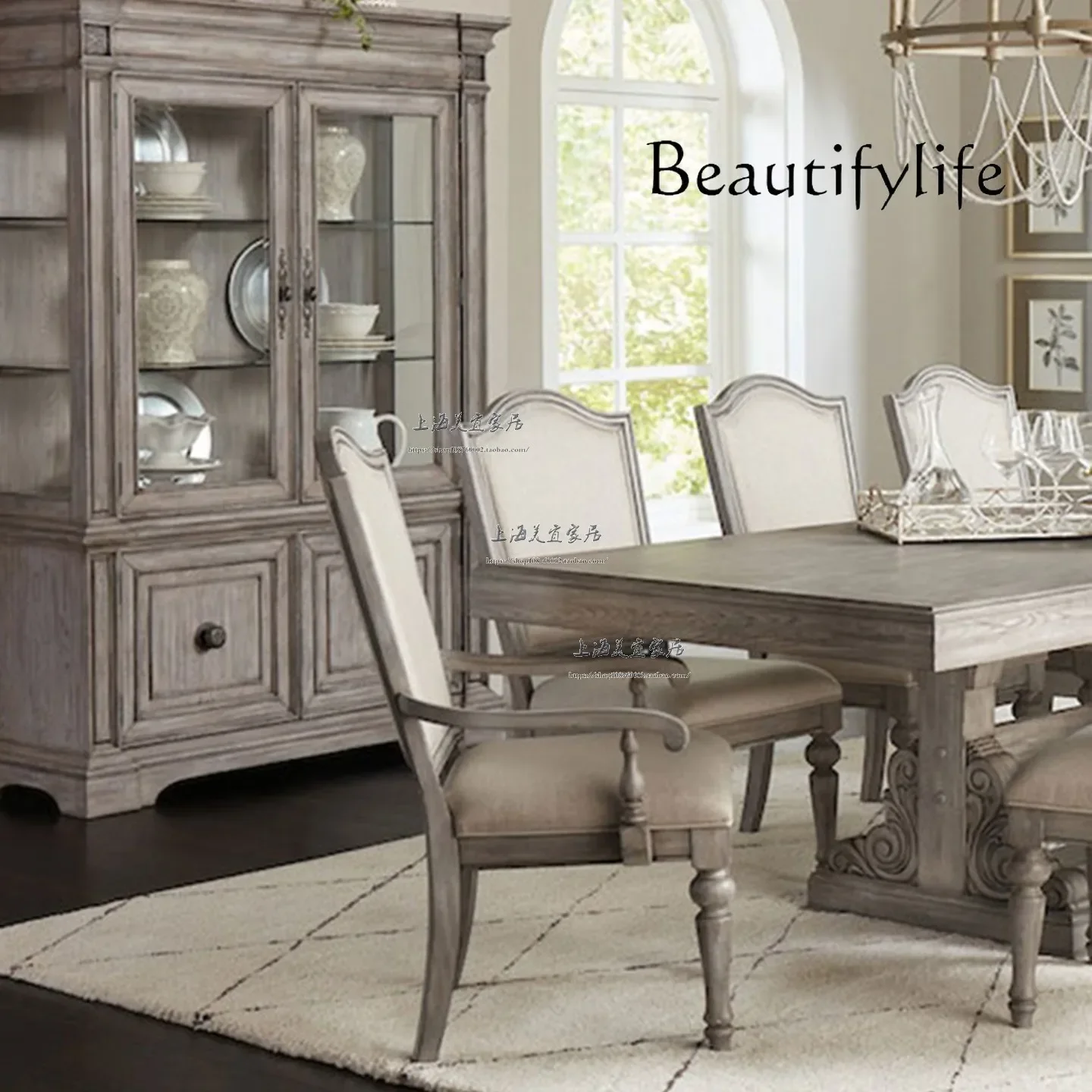 N36 BJ O Solid Wood Retro Gray Dining Table And Chairs French Medieval Designer Villa Restaurant Carved Rectangle