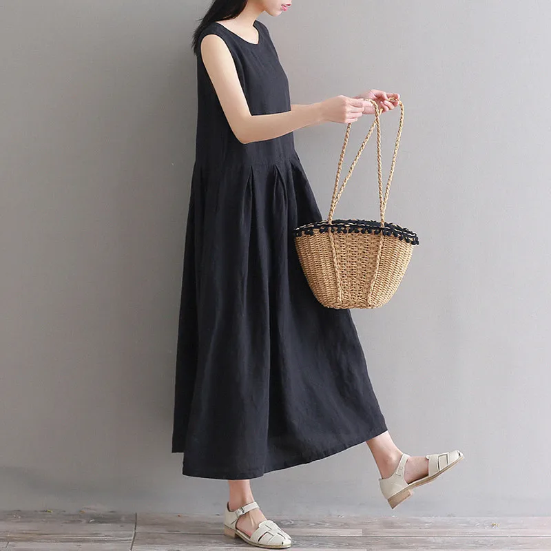 ผู้หญิงฤดูร้อนหลวม A-Line Elegant ผ้าลินินผ้าฝ้าย Midi ชุดลําลองชายหาด Boho Femme vestidos de mujer