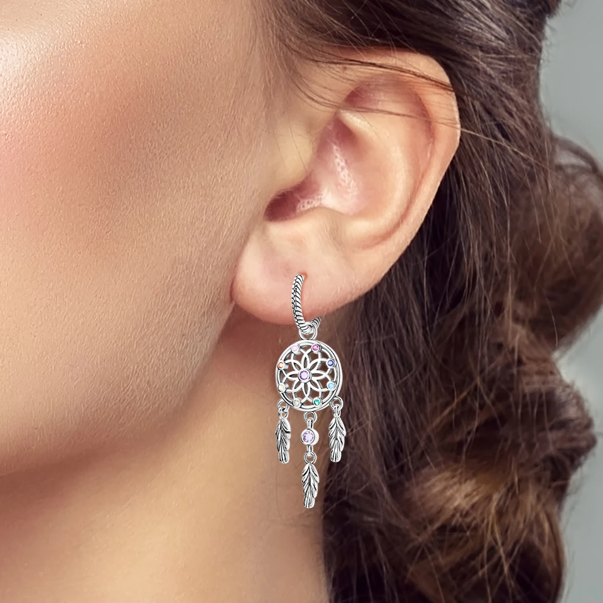 925 Sterling Silver Dreamcatcher Dangle Hoop Earrings Woman Multicolor CZ Snake Chain Huggie Hoops Feather Tassel Boho Jewelry