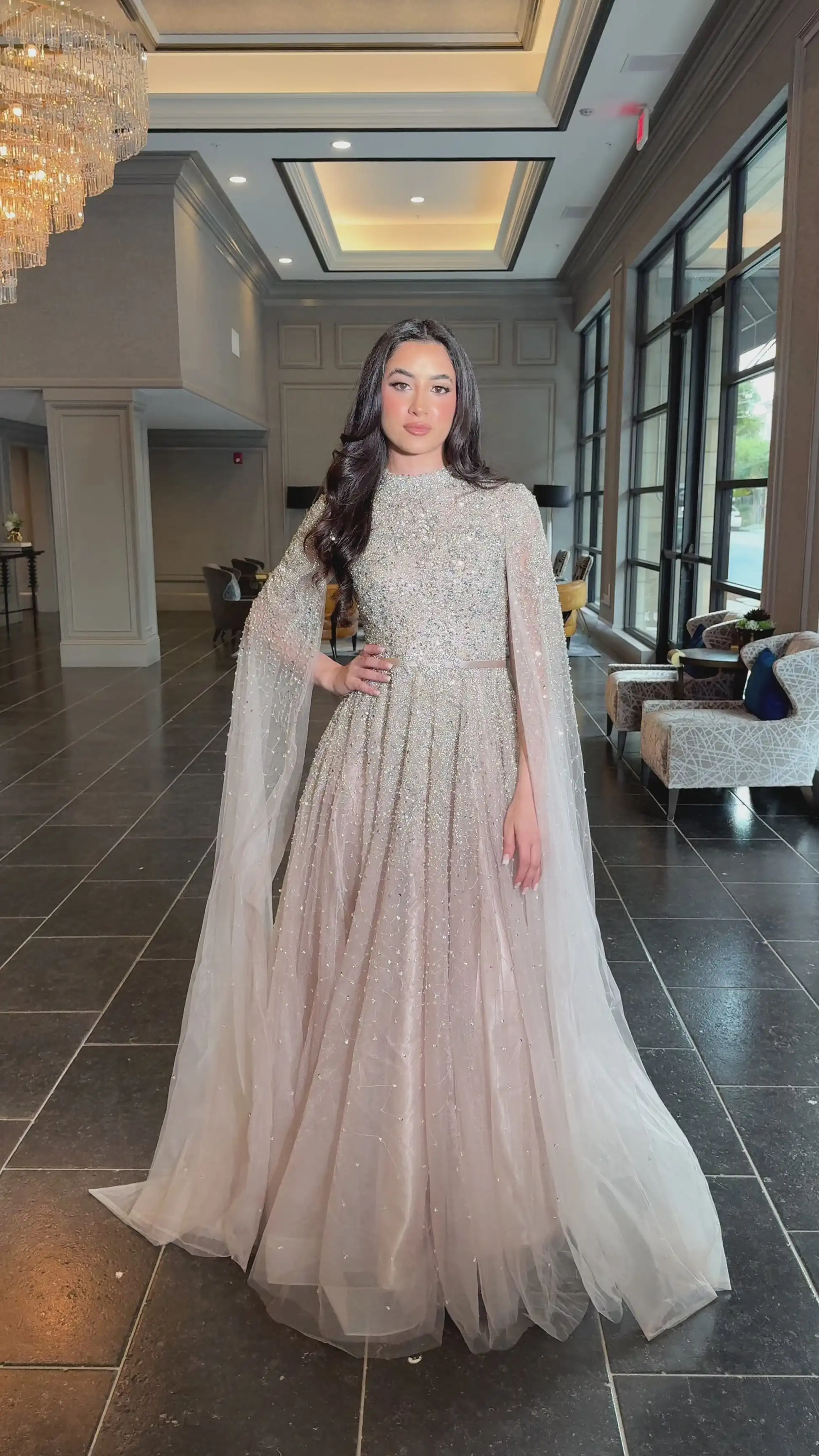 

Luxury Champagne Beaded Sequin Evening Dress for Women High Neck Cape Sleeve Tulle Formal Gown with Belt Prom Dresses Customized