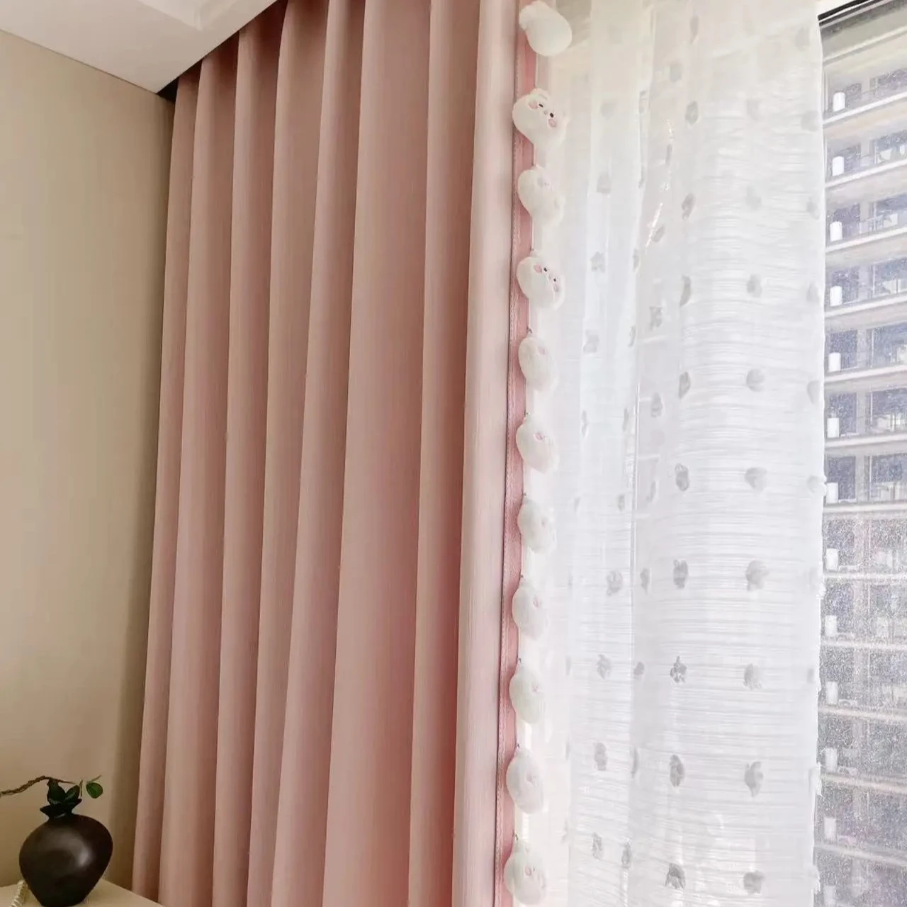 Light Pink Princess-style Thick Chenille High-block Cream Cake Skirt Custom Size Decor Curtains for Living Dining Room Bedroom