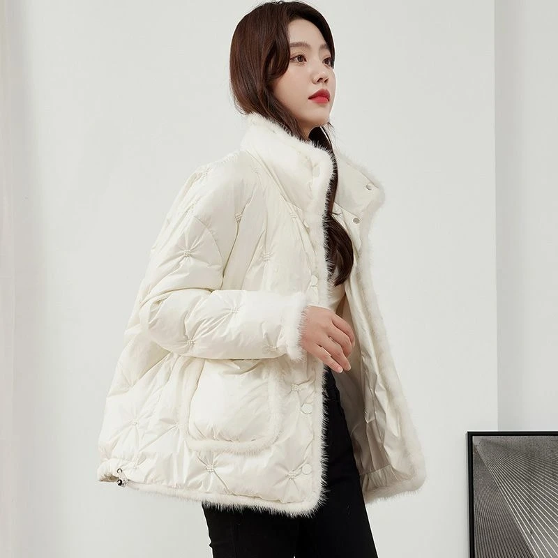 2025 Winter Nieuwe Dames Korte Donsjack 90 Witte Eendendons Loose Fit Koreaanse Stijl Nertsen Bontkraag Jas
