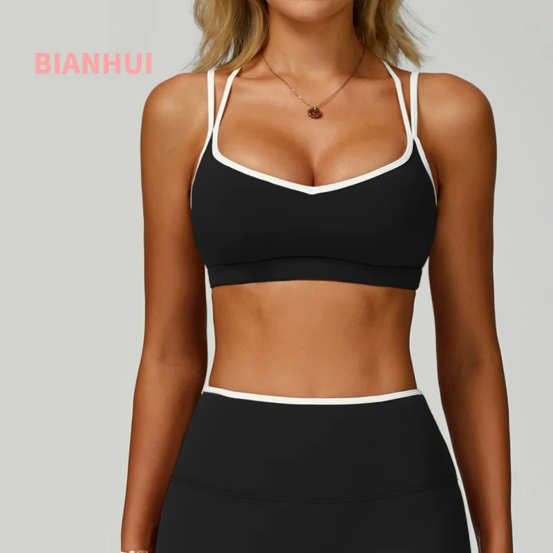

BIANHUI Color-Block Sports Bra Quick-Dry Tight-Fitting Cross-Back Sports Vest Running Fitness Sports Bra Workout Underwear