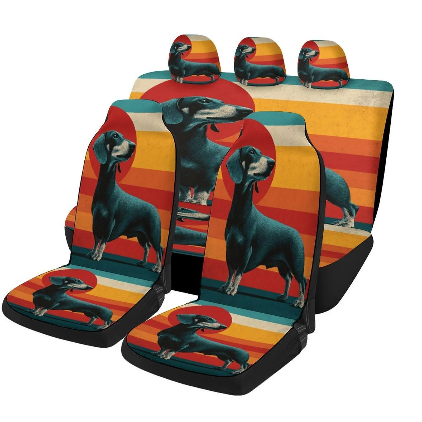 Set Of Car Seat Covers Featuring A Dachshund And Sunset Design, Suitable For Various Vehicles. Stylish And Durable, This Complet