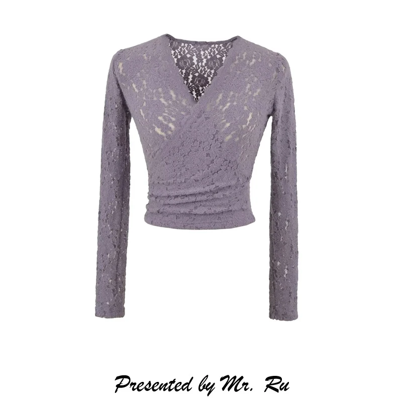 

Pure Desire Little Scholar Lace T-irt Women's Long Sve V-ne Slimming Waist-cinching French Sle Faionable Top