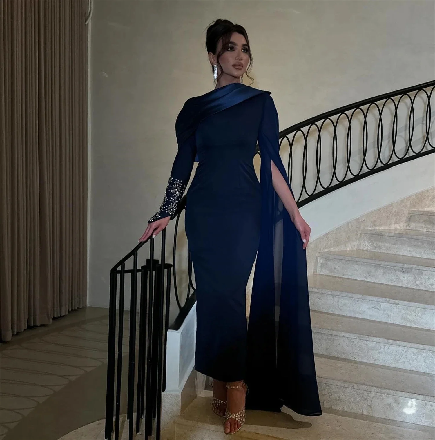 

Beaded Long Sleeves Bespoke Occasion Gown Evening Dresses Pastrol Unisex Jersey Retro Dubai Saudi Arabic Israel Prom Customized