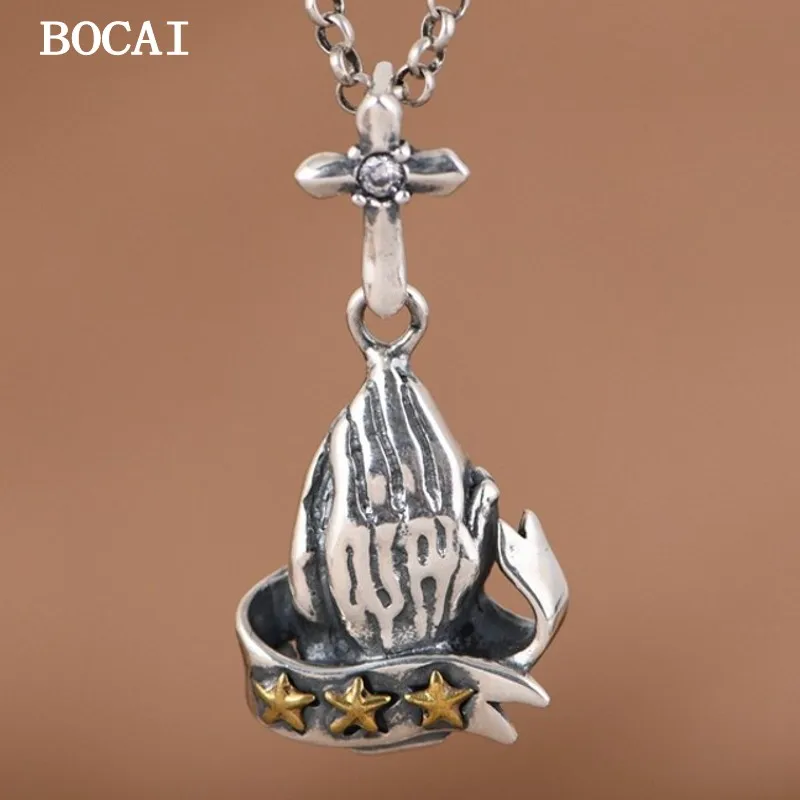 BOCAI NEW S925 Silver Retro Trendy Simple and Compact Prayer Hand Cross Gold Star Pendant