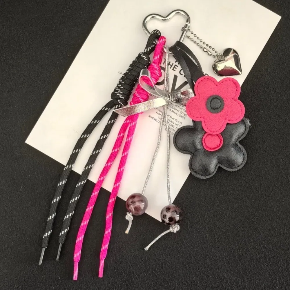 PU Leather Flower Pendant Keychain Heart Pendant Woven Lanyards Bag Pendant Bowknot Braided Rope Bag Charms Ornaments