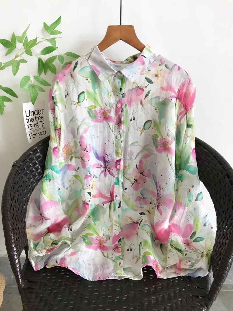 

2025 Autumn women clothing 100% ramie shirts original floral print shirts long sleeve blouses for women spring boho shirts